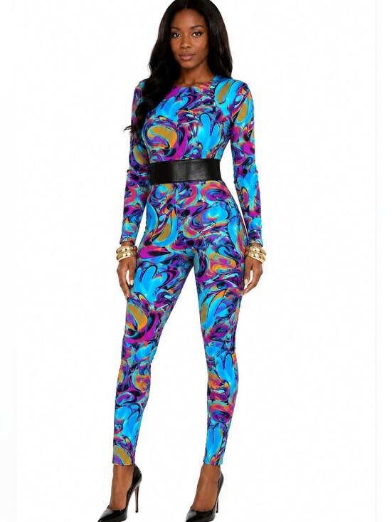 LeCoir Pants - LECOIR Blue Multicolor Swirl Long-Sleeve Jumpsuit - Bodycon Bodysuit -Large NWOT
